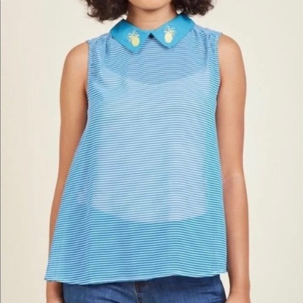 MODCLOTH Blue Striped Collared Top with Pineapple Decorated Lapel